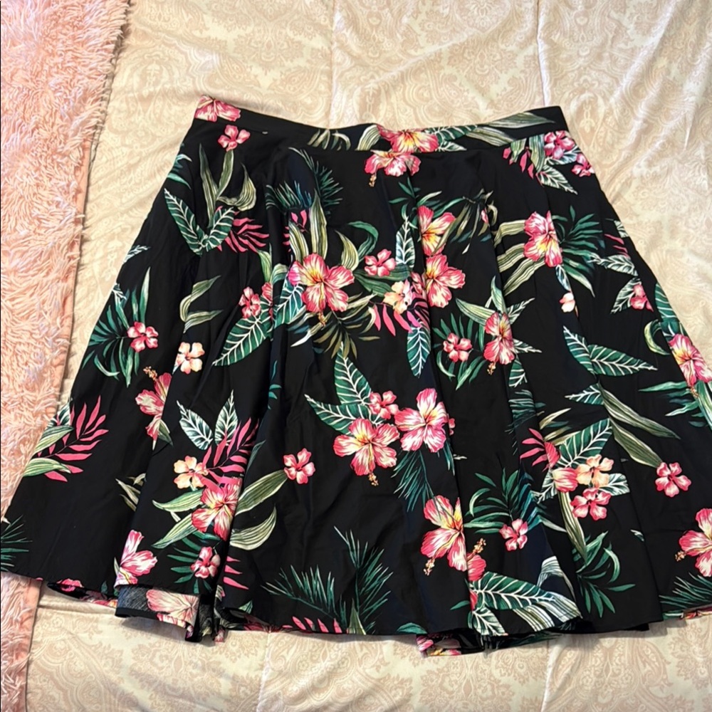 Hell Bunny Black A-Line Skirt with Tropical Print